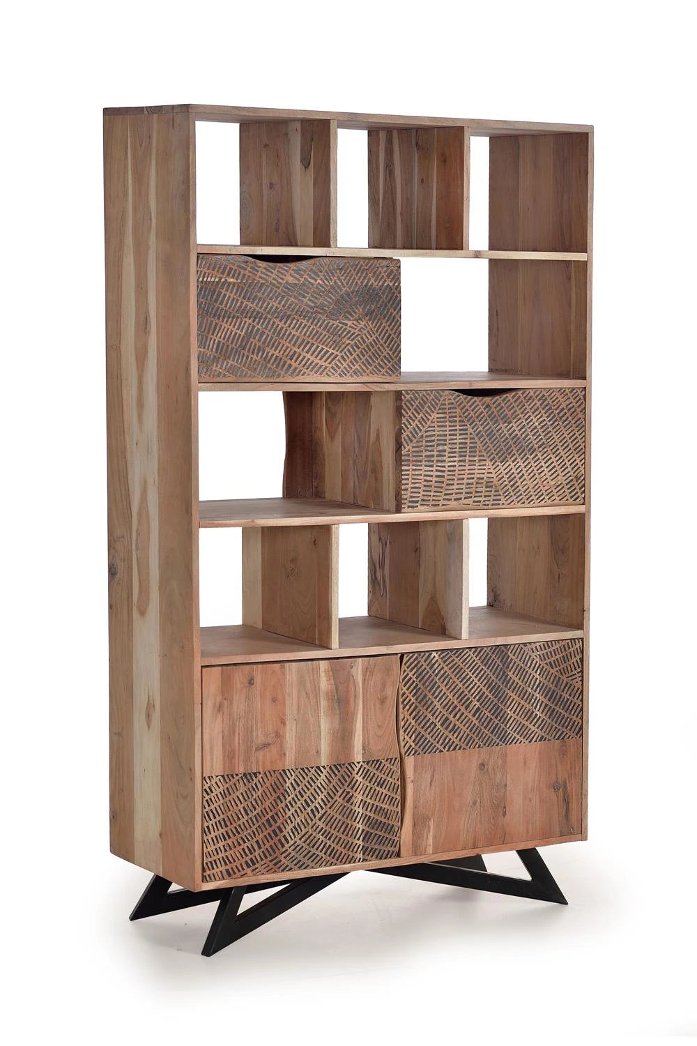 Giner and Colomer - Acacia Wood Bookcase With 2 Drawers, 2 Doors & Hand-Carved Door Details