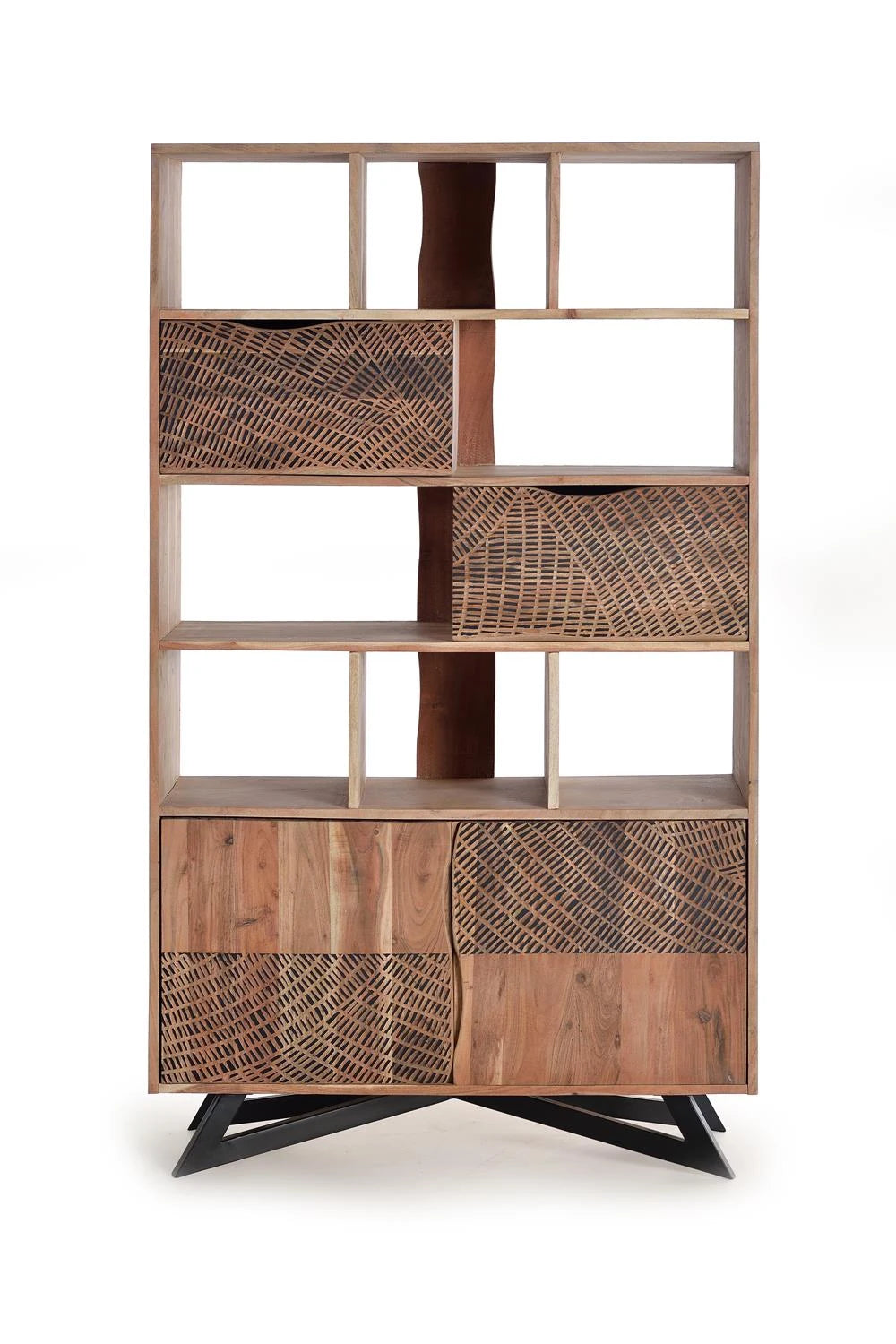 Giner and Colomer - Acacia Wood Bookcase With 2 Drawers, 2 Doors & Hand-Carved Door Details