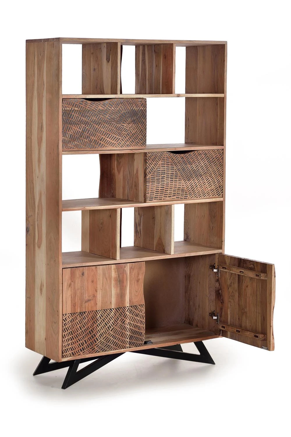 Giner and Colomer - Acacia Wood Bookcase With 2 Drawers, 2 Doors & Hand-Carved Door Details
