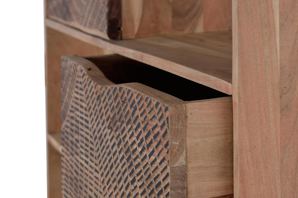 Giner and Colomer - Acacia Wood Bookcase With 2 Drawers, 2 Doors & Hand-Carved Door Details