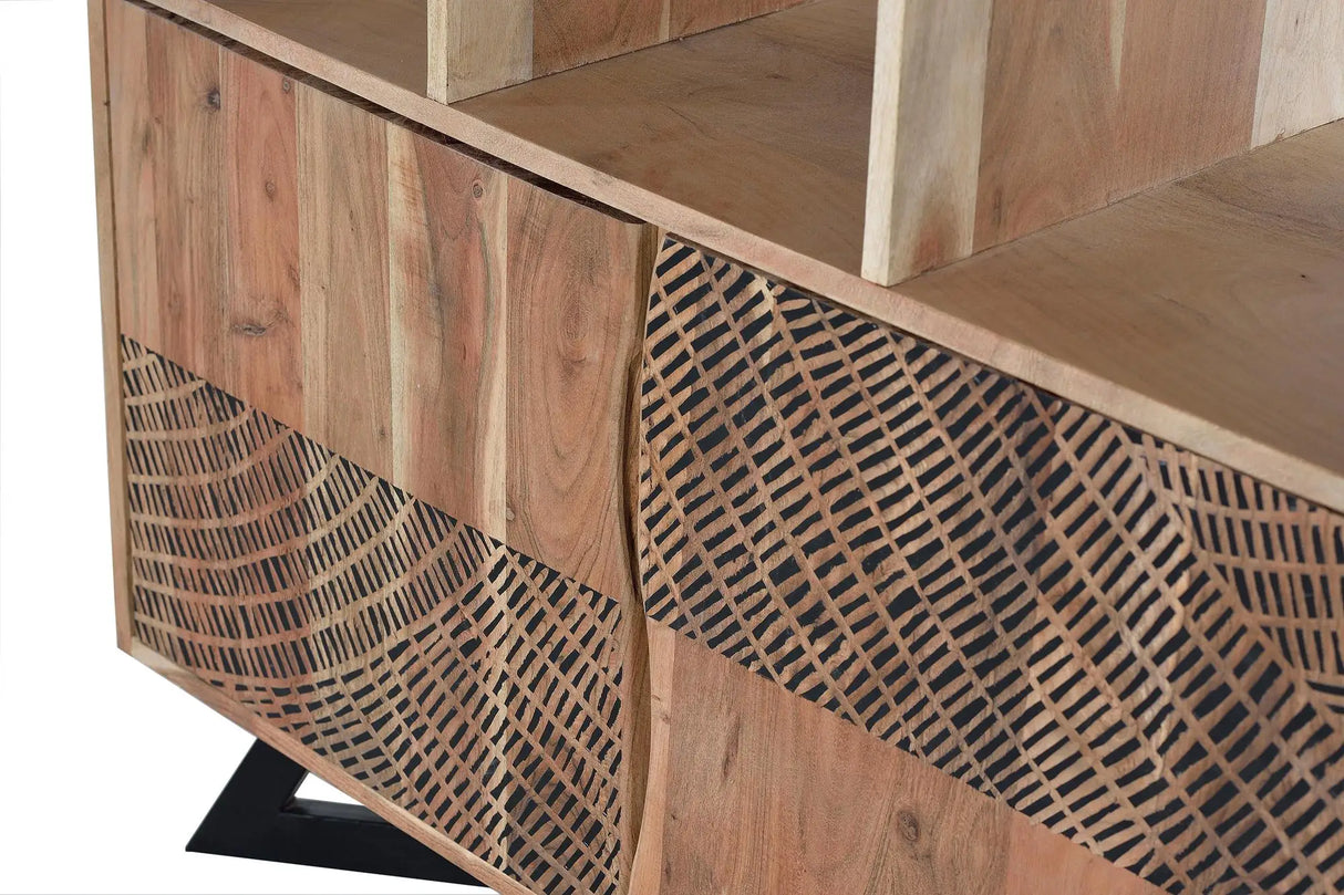 Giner and Colomer - Acacia Wood Bookcase With 2 Drawers, 2 Doors & Hand-Carved Door Details