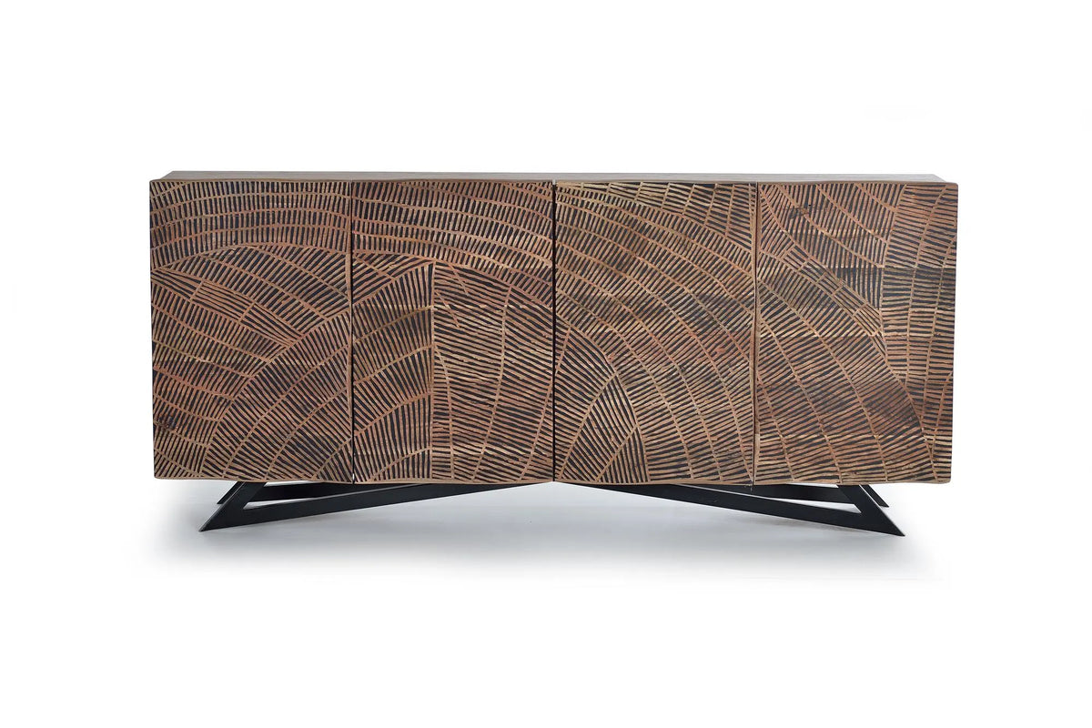 Giner and Colomer - 4-Door Acacia Wood Sideboard With Metal Base & Hand-Carved Details