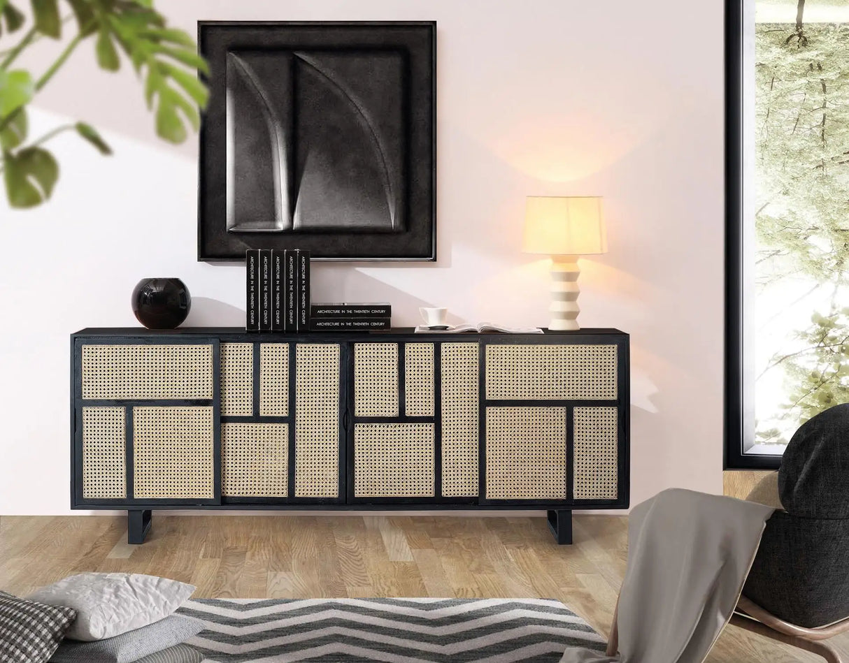 Giner and Colomer - Mango Wood Sideboard With 4 Sliding Doors & Natural Grid Details