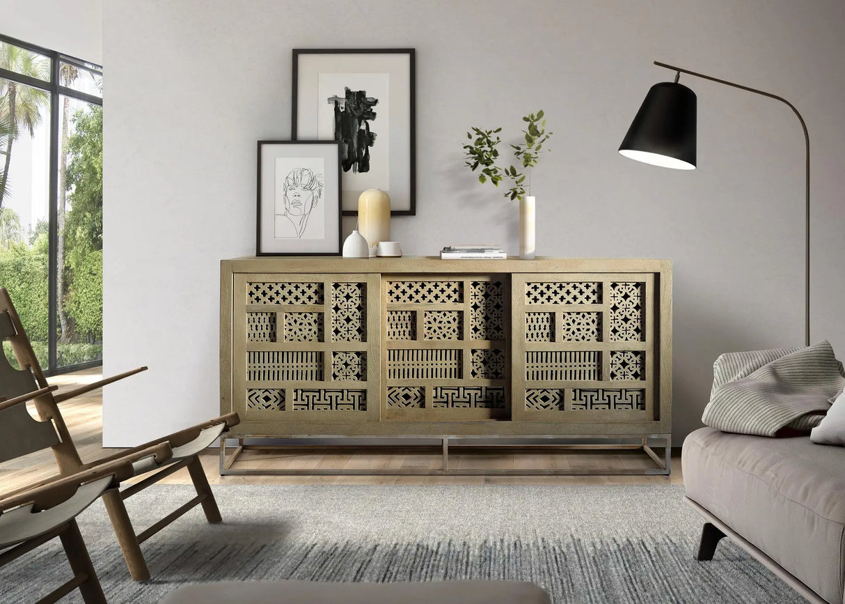 Giner and Colomer - Mango Wood Sideboard With 3 Sliding Doors & Hand-Carved Details