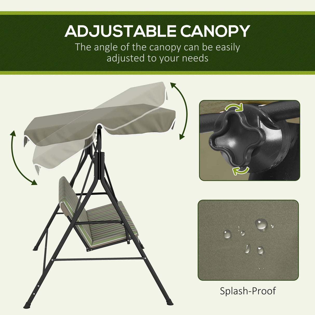Outsunny Three-Seater Garden Swing Chair, with Adjustable Canopy - Green