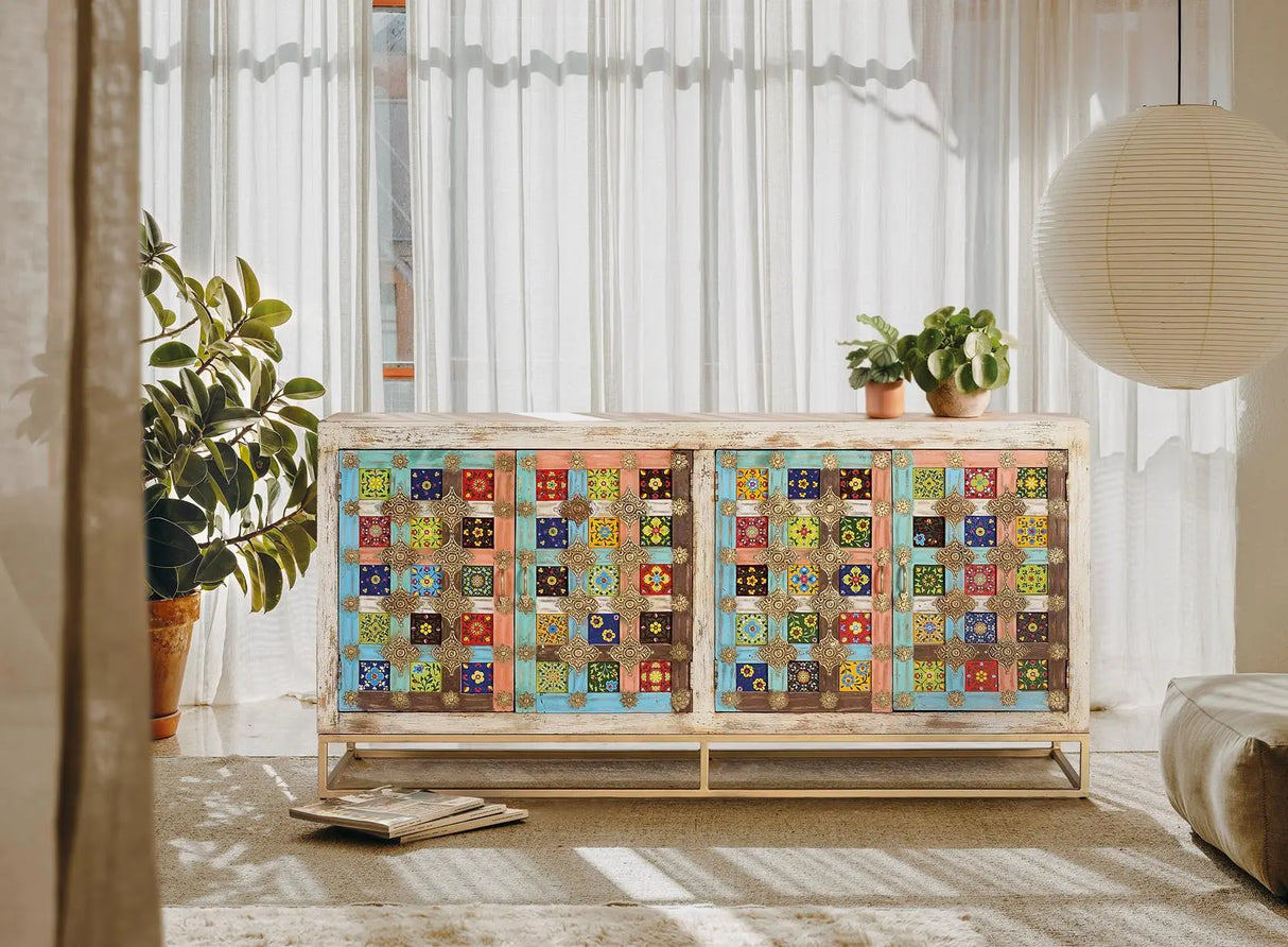 Giner and Colomer - 4-Door Mango Wood Sideboard With Metal Base & Ceramic Door Details