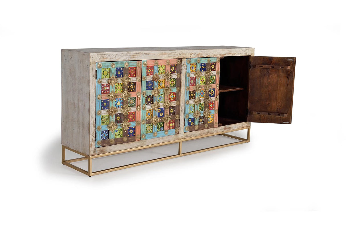 Giner and Colomer - 4-Door Mango Wood Sideboard With Metal Base & Ceramic Door Details