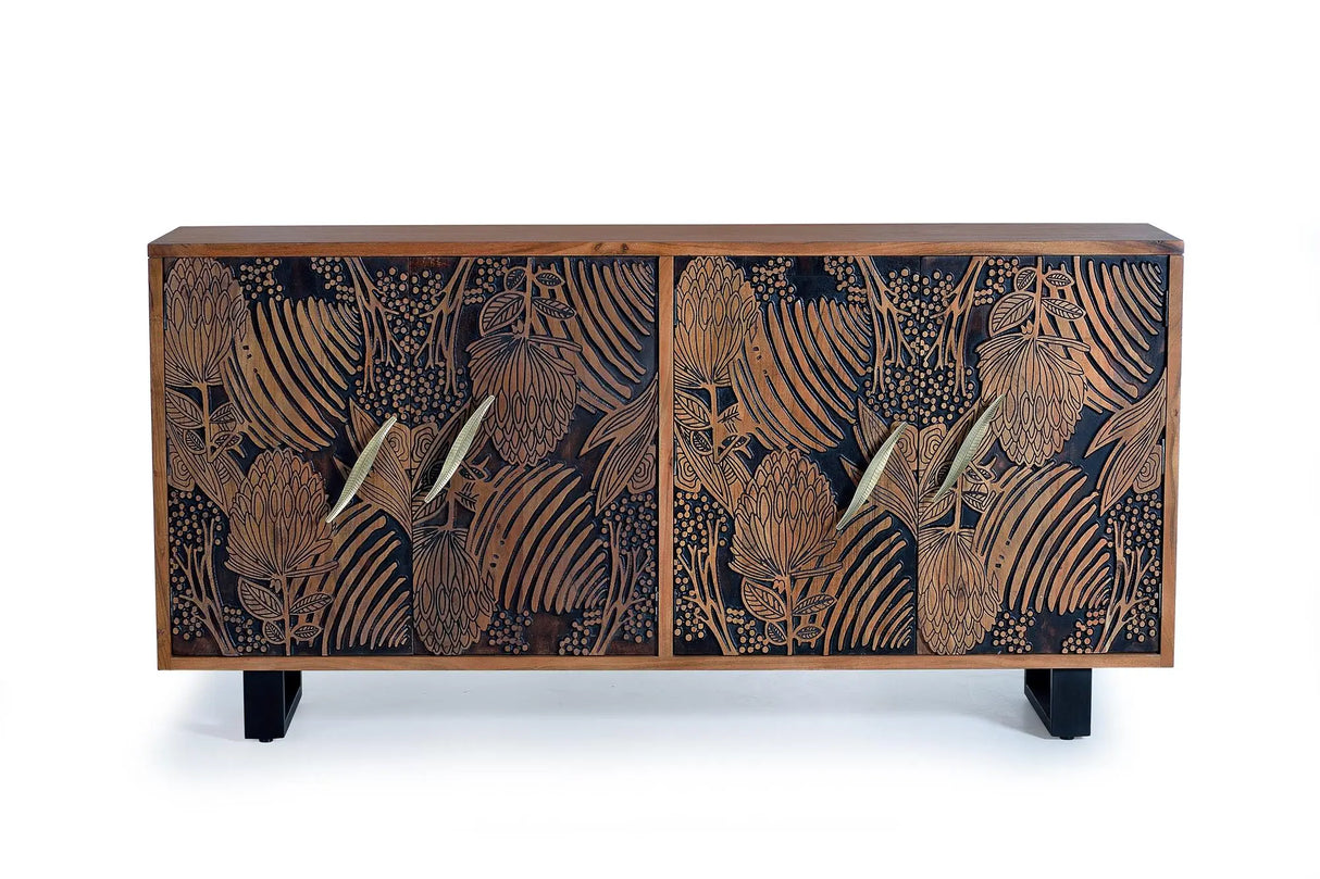 Giner and Colomer - 4-Door Acacia Wood Sideboard With Hand-Carved Door Details