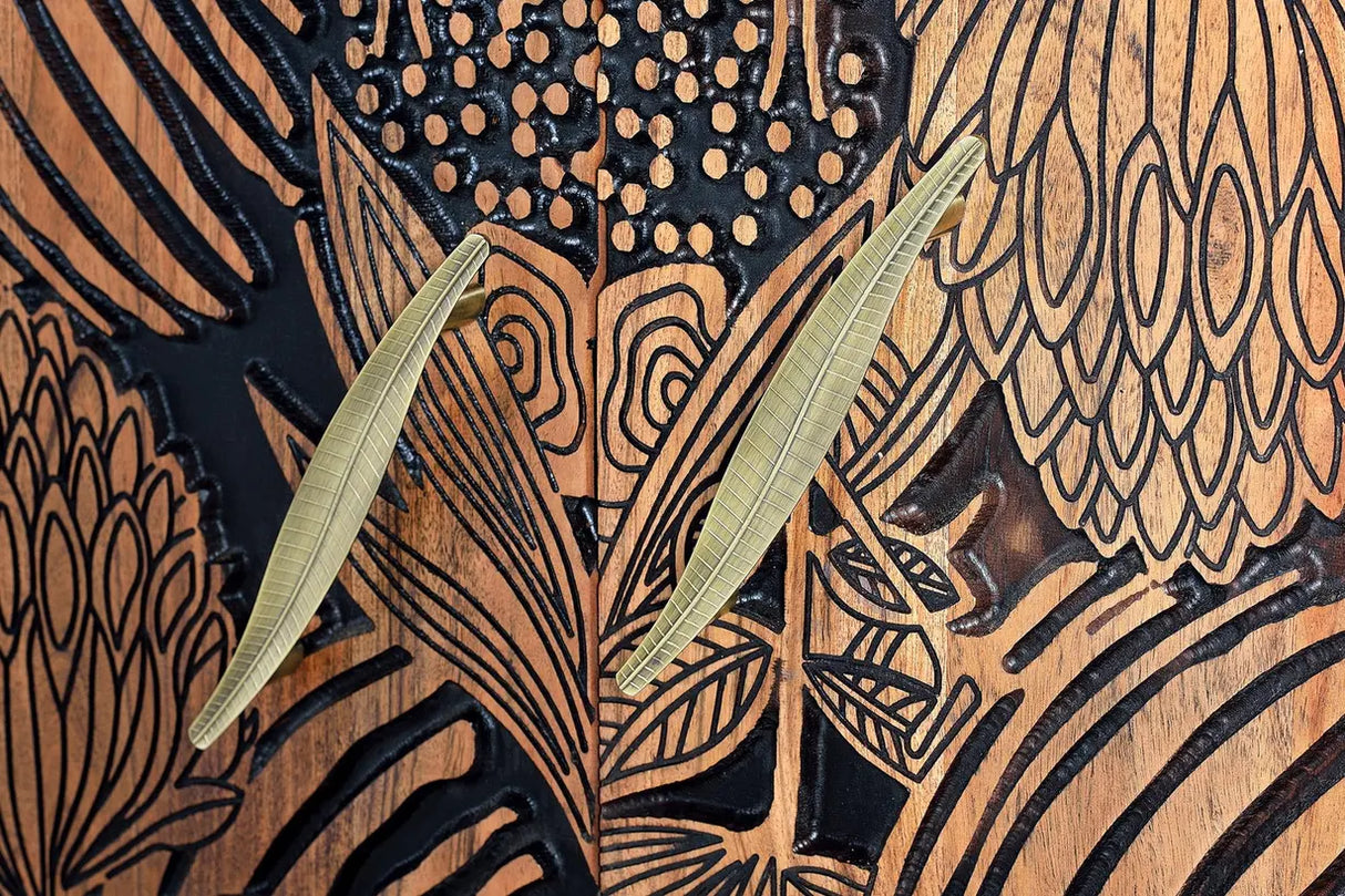 Giner and Colomer - 4-Door Acacia Wood Sideboard With Hand-Carved Door Details