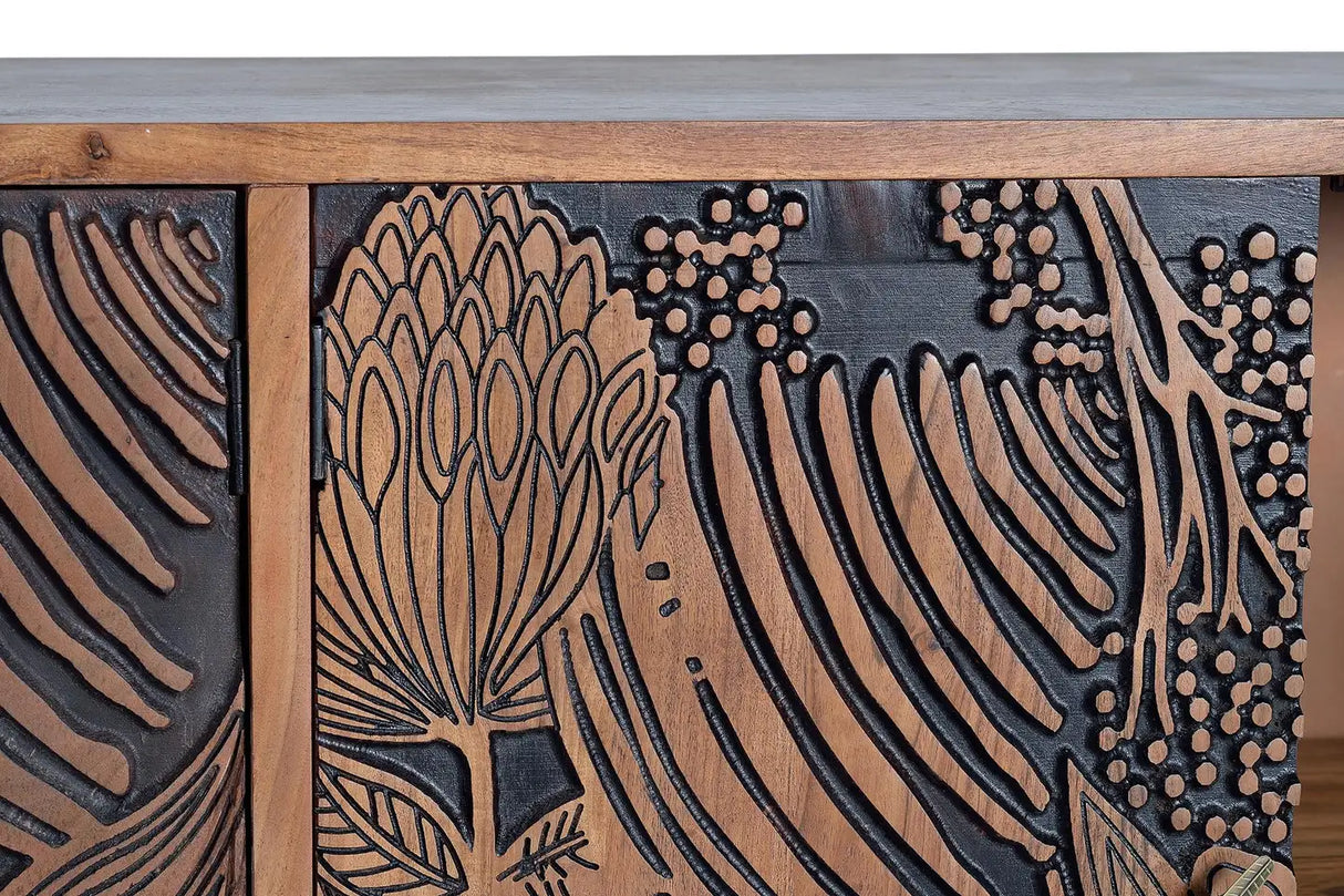 Giner and Colomer - 4-Door Acacia Wood Sideboard With Hand-Carved Door Details