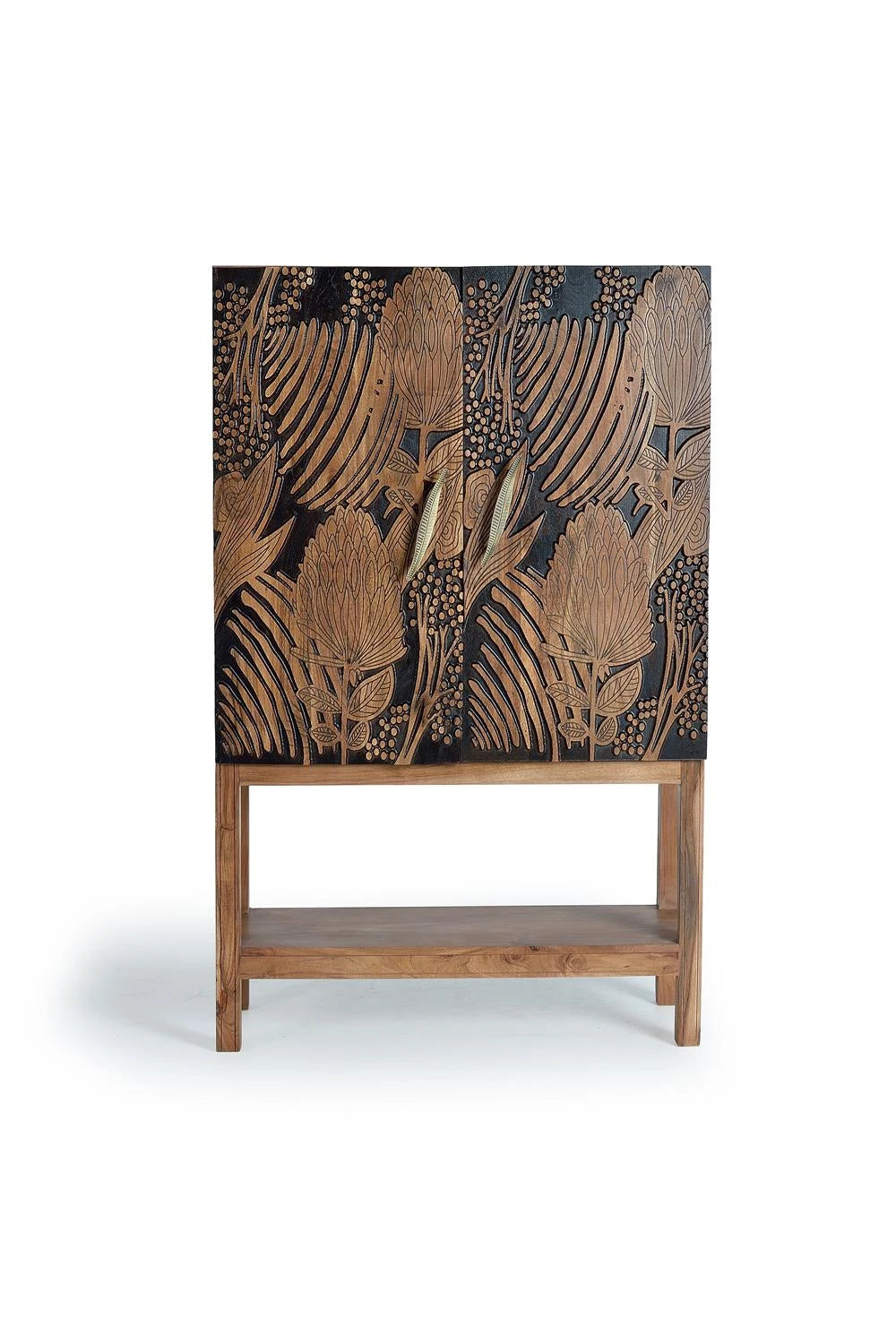 Giner and Colomer - Acacia Wood Wine Rack Cabinet With Hand-Carved Doors