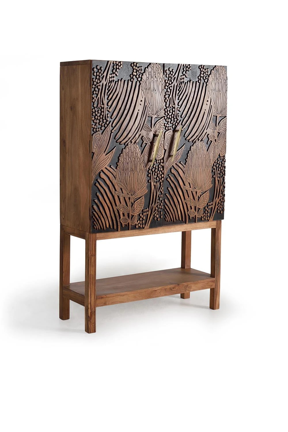 Giner and Colomer - Acacia Wood Wine Rack Cabinet With Hand-Carved Doors