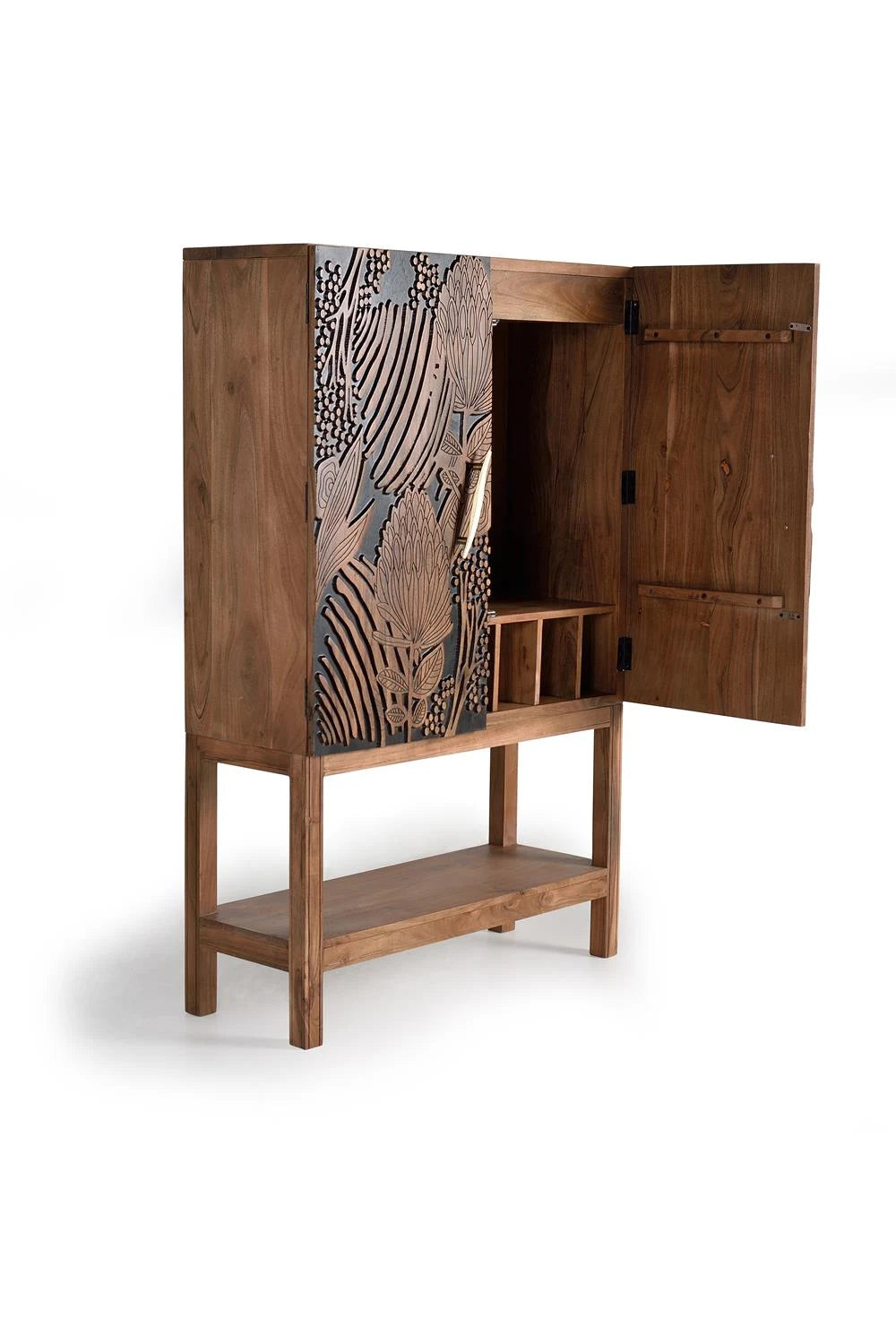 Giner and Colomer - Acacia Wood Wine Rack Cabinet With Hand-Carved Doors