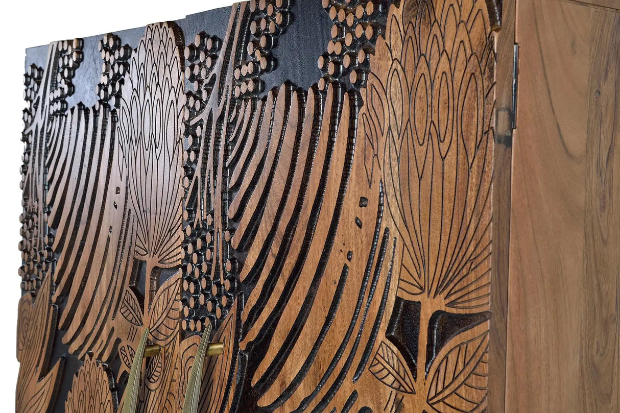 Giner and Colomer - Acacia Wood Wine Rack Cabinet With Hand-Carved Doors