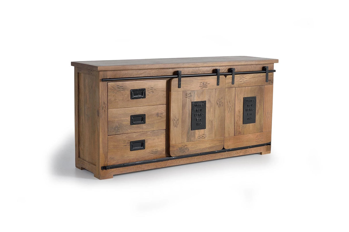 Giner and Colomer - Mango Wood Sideboard With 2 Sliding Doors, 3 Drawers & Metal Accents