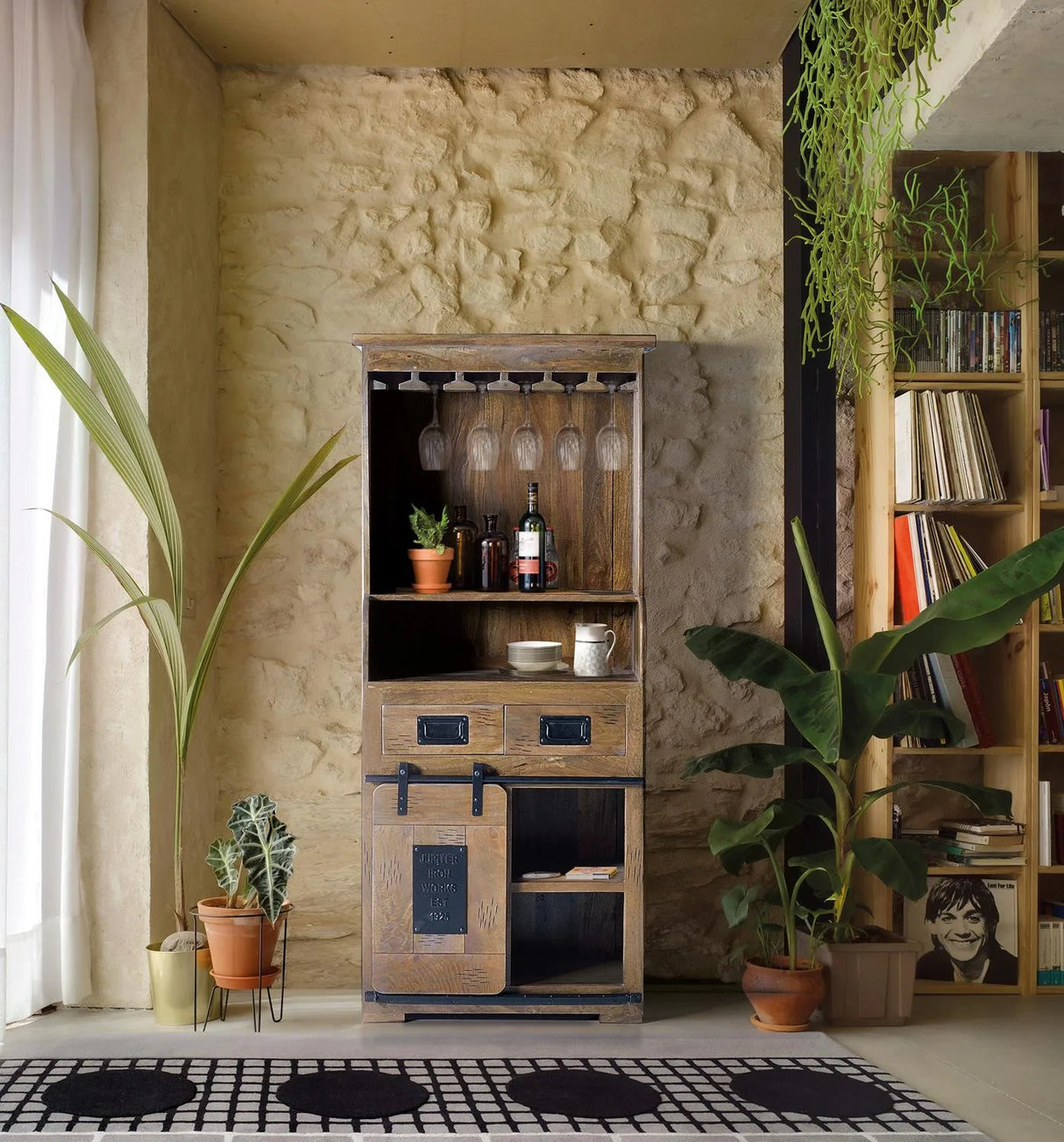 Giner and Colomer - Mango Wood Wine Rack Furniture With 1 Sliding Door & 2 Drawers