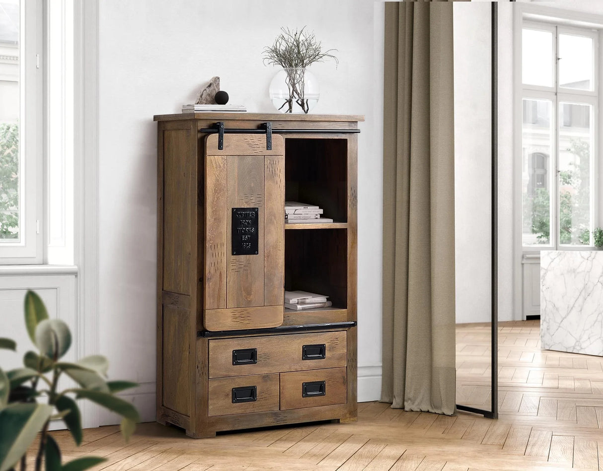 Giner and Colomer - Mango Wood Shelf Unit With 1 Sliding Door & 3 Drawers