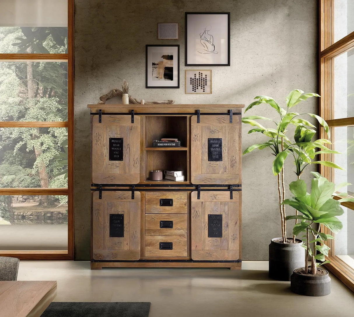 Giner and Colomer - Mango Wood & Metal Pantry With 4 Sliding Doors & 3 Drawers