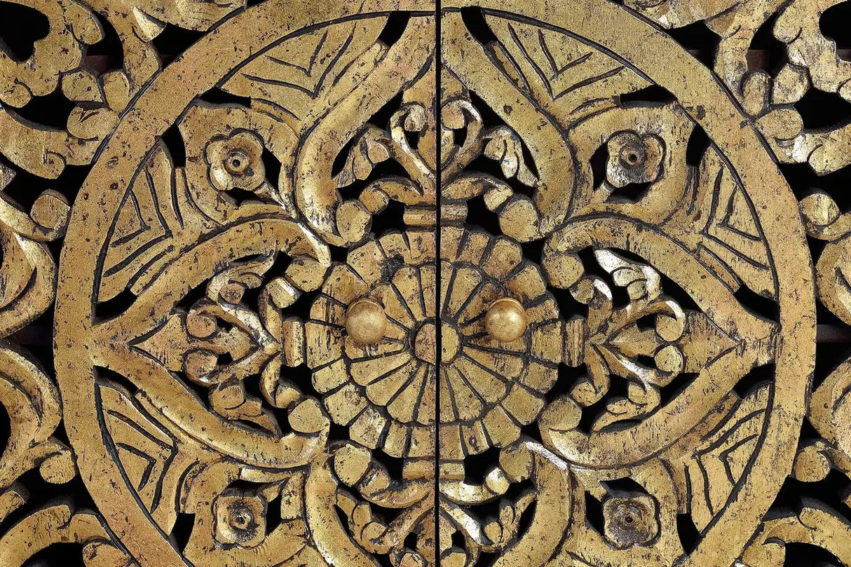 Giner and Colomer - 4-Door Mango Wood Sideboard With Hand-Carved Gold-Leaf Doors