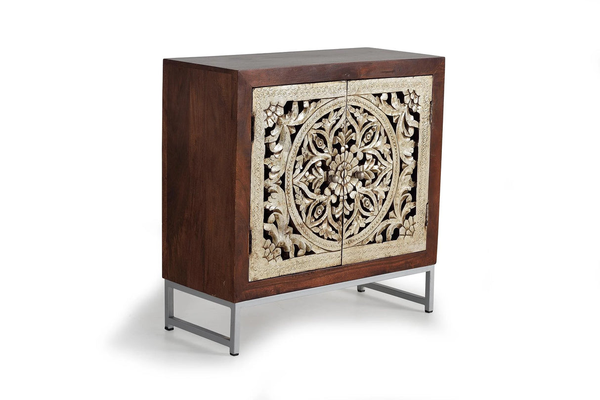 Giner and Colomer - 2-Door Mango Wood Sideboard With Hand-Carved Silver-Leaf Doors