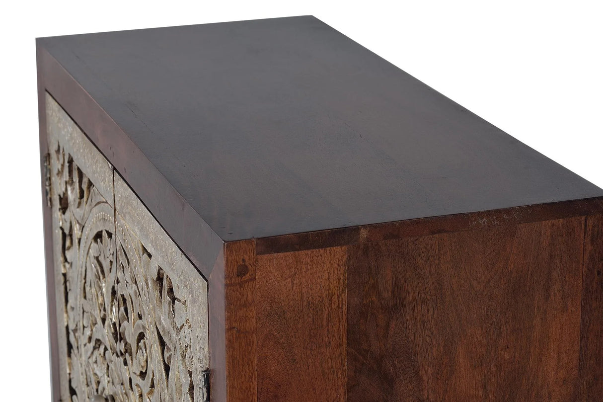 Giner and Colomer - 2-Door Mango Wood Sideboard With Hand-Carved Silver-Leaf Doors