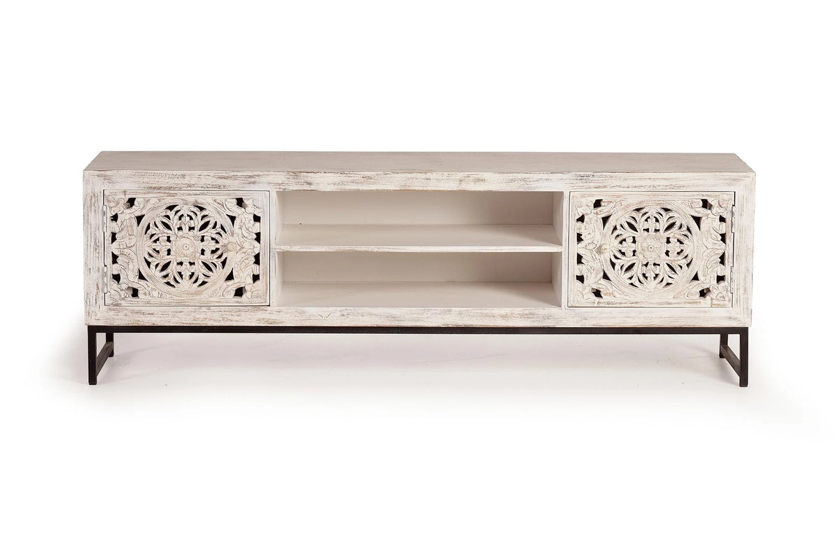 Giner and Colomer - 2-Door Mango Wood TV Cabinet With Hand-Carved Doors & Metal Base