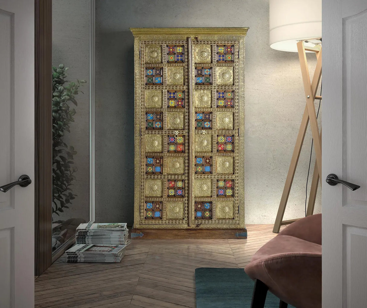 Giner and Colomer - 2-Door Acacia Wood Cabinet With Bronze & Ceramic Door Details