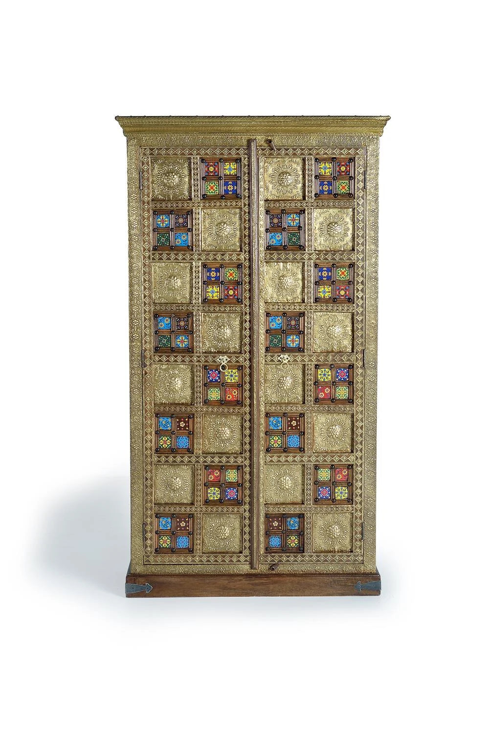 Giner and Colomer - 2-Door Acacia Wood Cabinet With Bronze & Ceramic Door Details