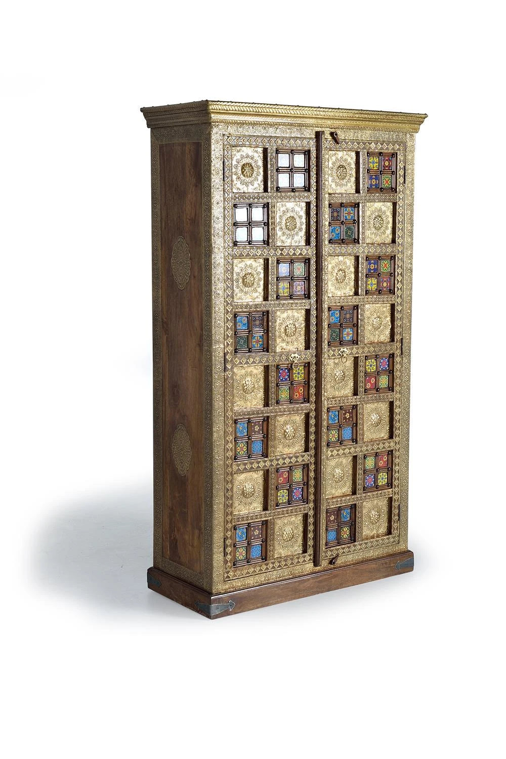 Giner and Colomer - 2-Door Acacia Wood Cabinet With Bronze & Ceramic Door Details