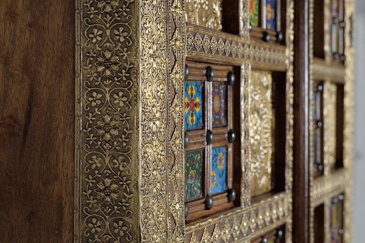 Giner and Colomer - 2-Door Acacia Wood Cabinet With Bronze & Ceramic Door Details