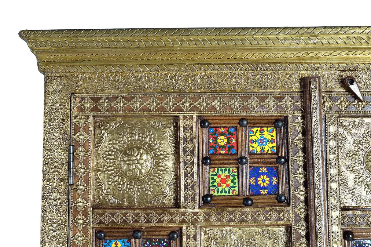 Giner and Colomer - 2-Door Acacia Wood Cabinet With Bronze & Ceramic Door Details