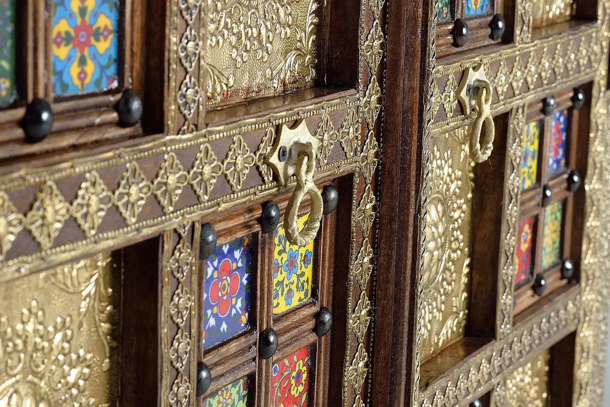 Giner and Colomer - 2-Door Acacia Wood Cabinet With Bronze & Ceramic Door Details