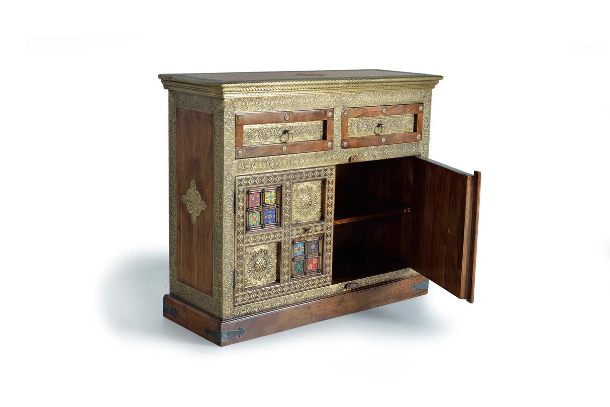 Giner and Colomer - Acacia Wood Chest With 2 Doors, 2 Drawers & Bronze/Ceramic Details