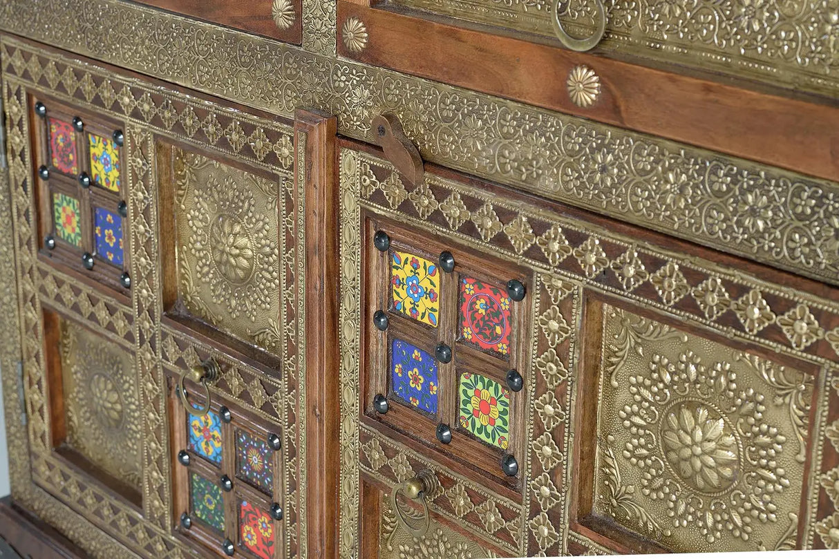 Giner and Colomer - Acacia Wood Chest With 2 Doors, 2 Drawers & Bronze/Ceramic Details