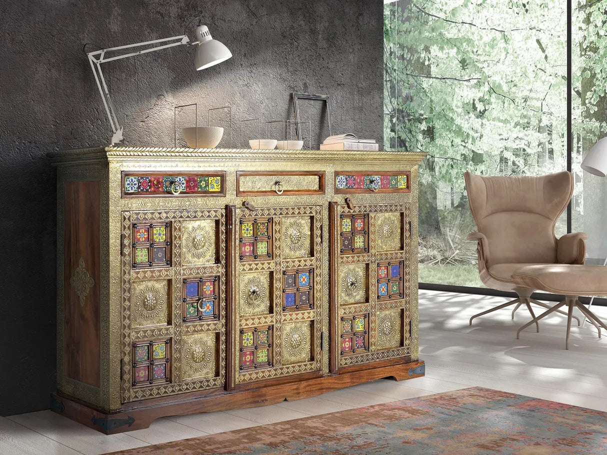 Giner and Colomer - 3-Door, 3-Drawer Acacia Wood Sideboard With Bronze & Ceramic Accents