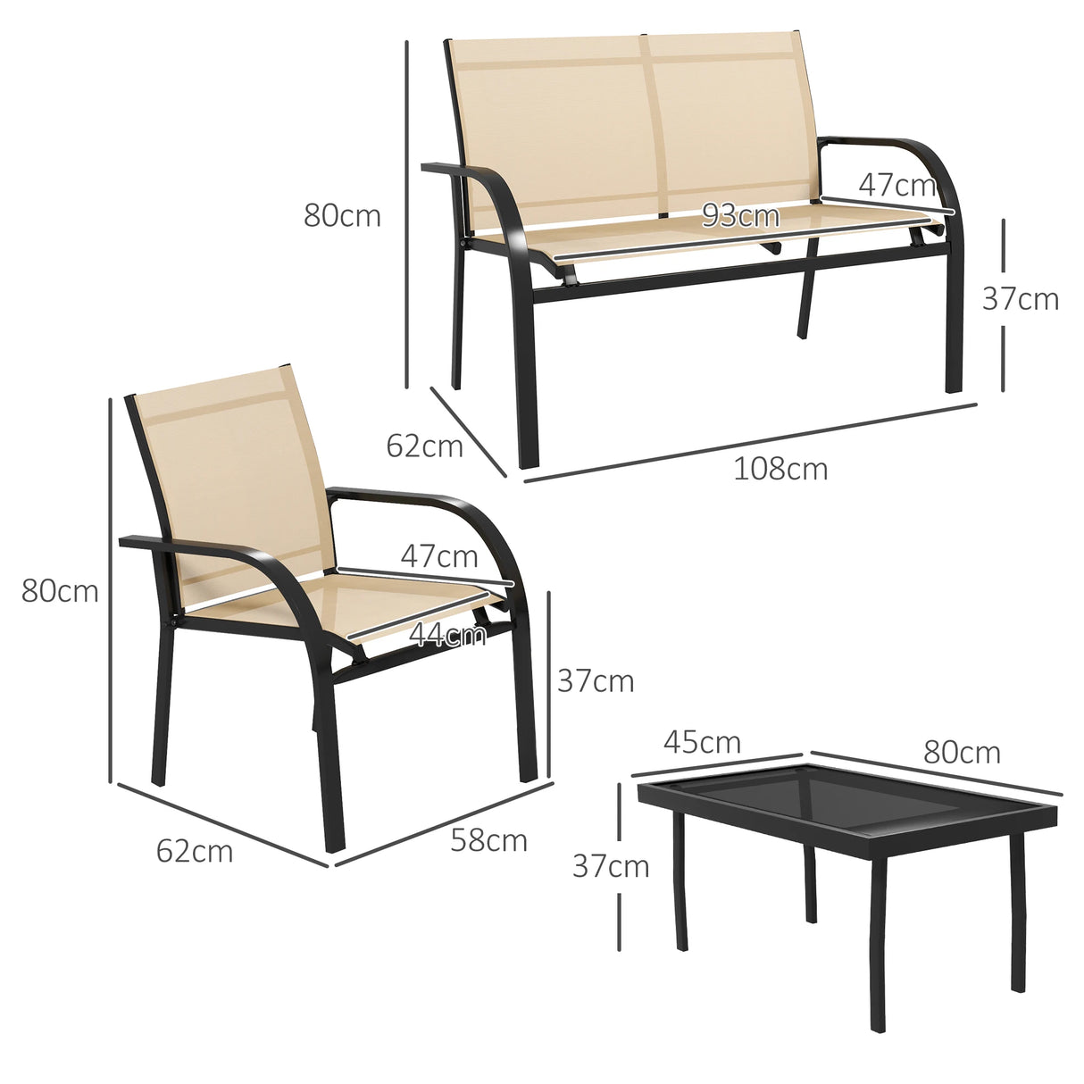 Outsunny Four-Piece Curved Steel Garden Dining Set - Beige/Grey