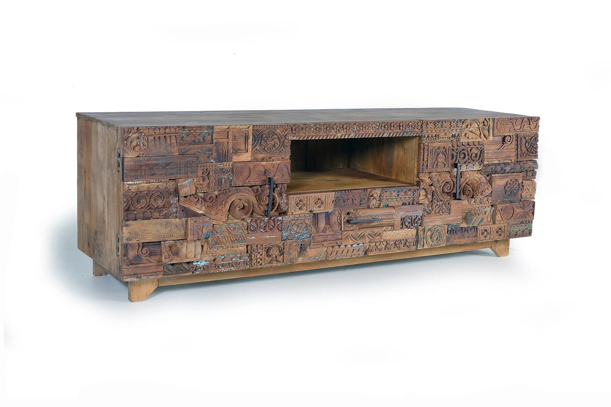 Giner and Colomer - Mango Wood TV Cabinet With 2 Doors, 1 Drawer & Recovered Wood Details