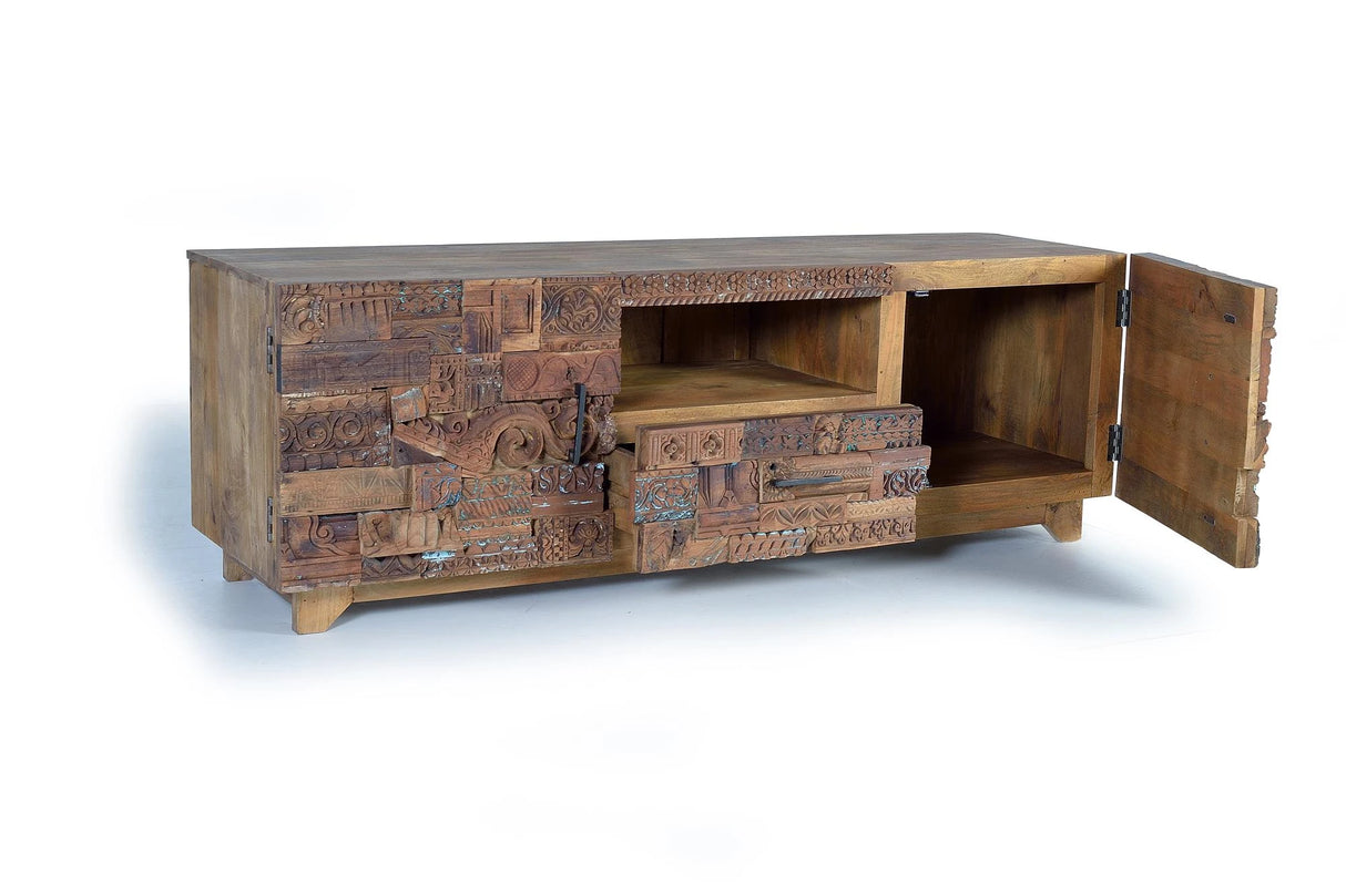 Giner and Colomer - Mango Wood TV Cabinet With 2 Doors, 1 Drawer & Recovered Wood Details