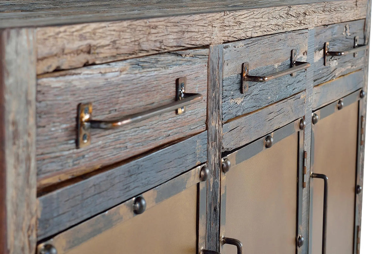 Giner and Colomer - Recovered Railway Sleeper Wood Sideboard With 3 Drawers & 3 Metal Doors