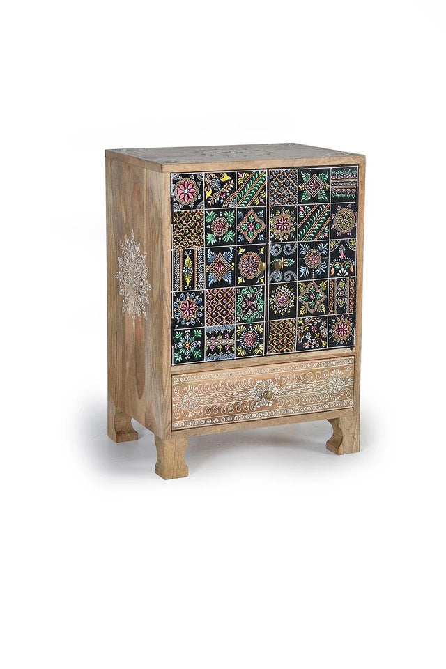 Giner and Colomer - Mango Wood Telephone Cabinet With 1 Drawer, 2 Doors & Hand-Painted Details