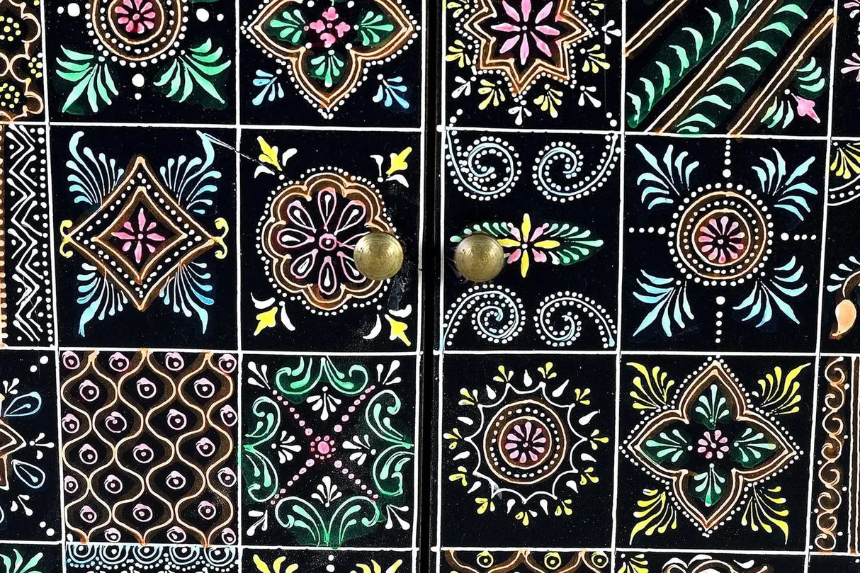 Giner and Colomer - Mango Wood Telephone Cabinet With 1 Drawer, 2 Doors & Hand-Painted Details