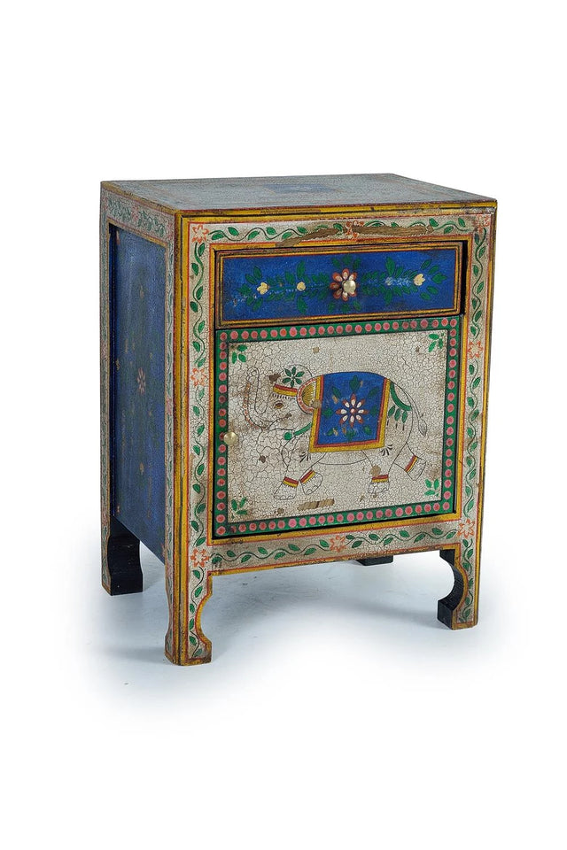 Giner and Colomer - 1-Door, 1-Drawer Mango Wood Side Table With Hand-Painted Details
