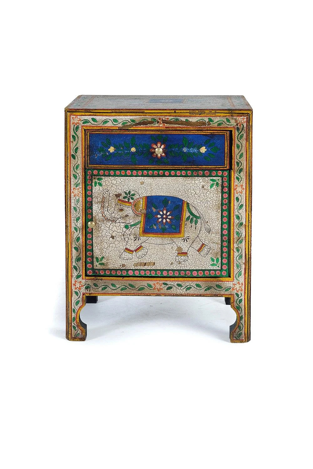Giner and Colomer - 1-Door, 1-Drawer Mango Wood Side Table With Hand-Painted Details