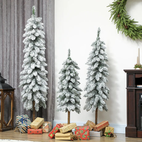 HOMCOM Set of 3 Pencil Flocked Christmas Tree, 3ft 4ft 5ft