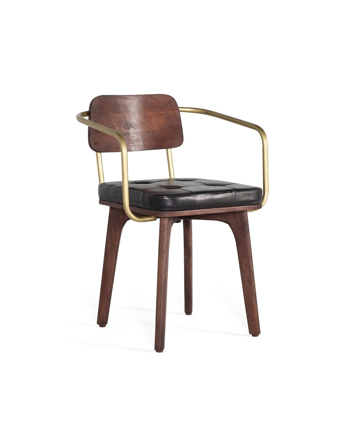 Giner and Colomer - Brown Mango Wood Chair With Gold Metal Arms & Black Leather Seat
