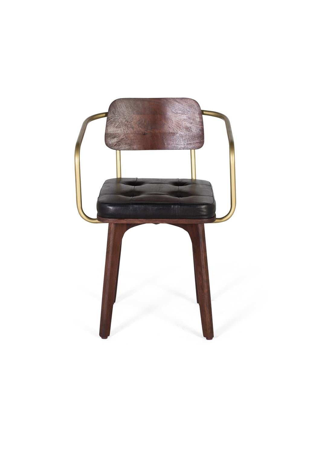 Giner and Colomer - Brown Mango Wood Chair With Gold Metal Arms & Black Leather Seat