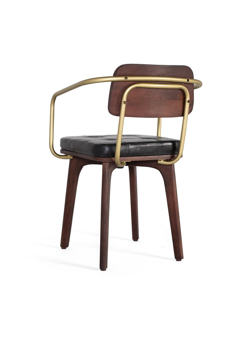 Giner and Colomer - Brown Mango Wood Chair With Gold Metal Arms & Black Leather Seat