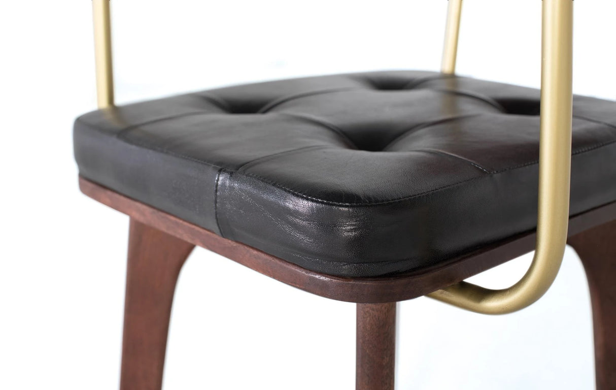 Giner and Colomer - Brown Mango Wood Chair With Gold Metal Arms & Black Leather Seat
