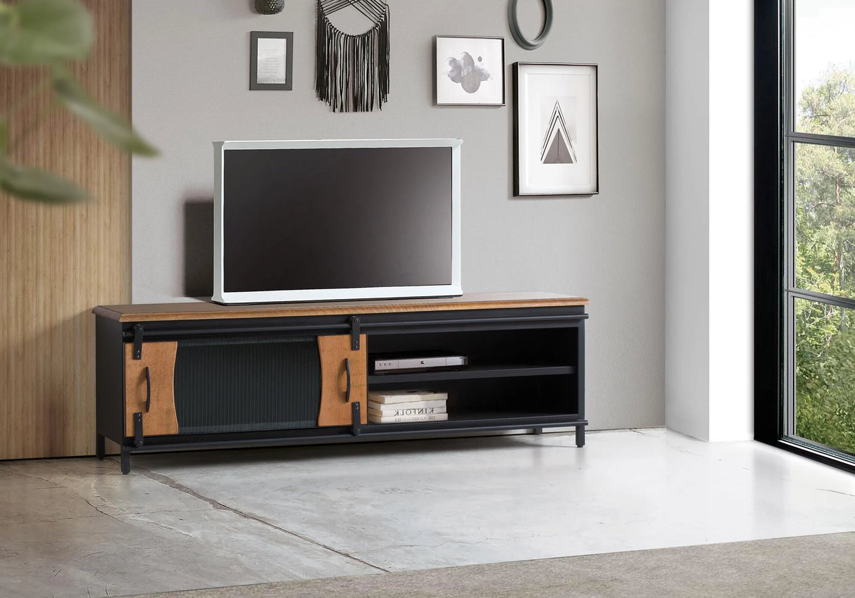 Giner and Colomer - Industrial Style TV Cabinet With 1 Sliding Door In Mango Wood & Metal