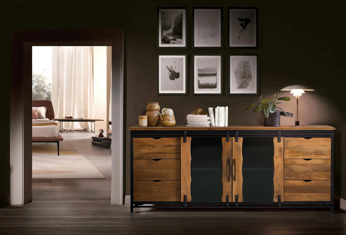 Giner and Colomer - Industrial Mango Wood & Metal Sideboard With 2 Sliding Doors & 6 Drawers